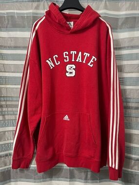 adidas NC State Wolfpack Red Pullover Hoodie with Three-Stripe Sleeves